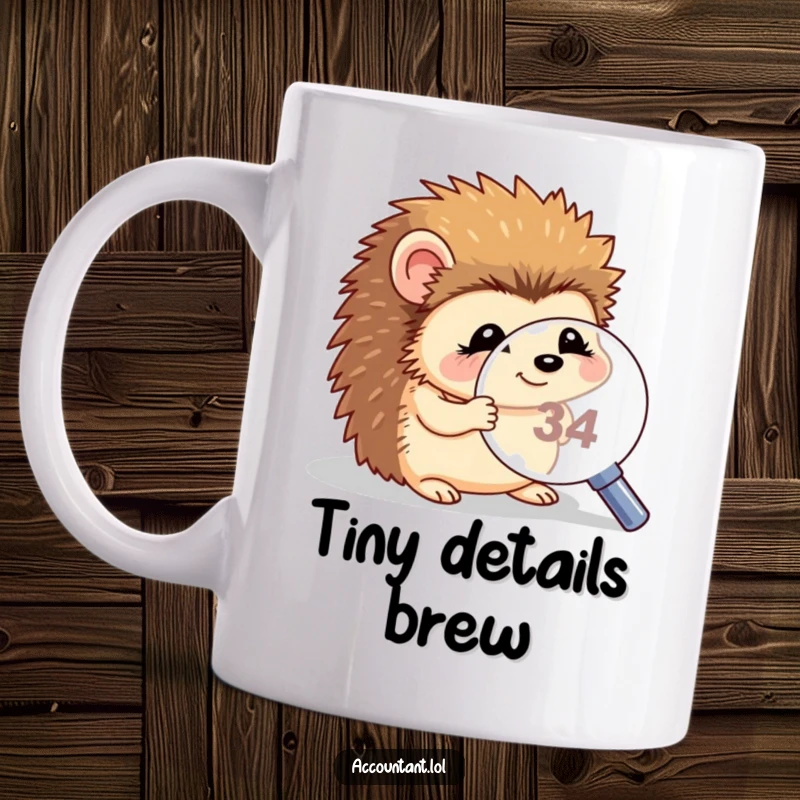 Funny hedgehog magnifying mug, a giggling hedgehog with wide eyes, peering closely at a tiny number through a large magnifying glass.