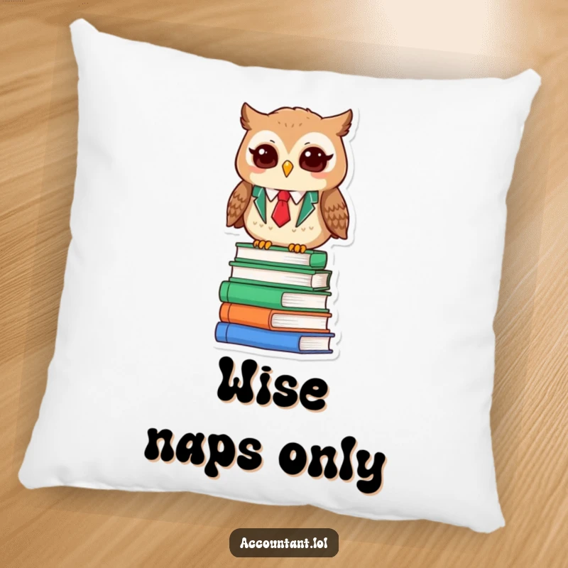 Funny Owl Accountant Pillow: A wise owl accountant blinks contently on a pile of books, adding comfort and humor.