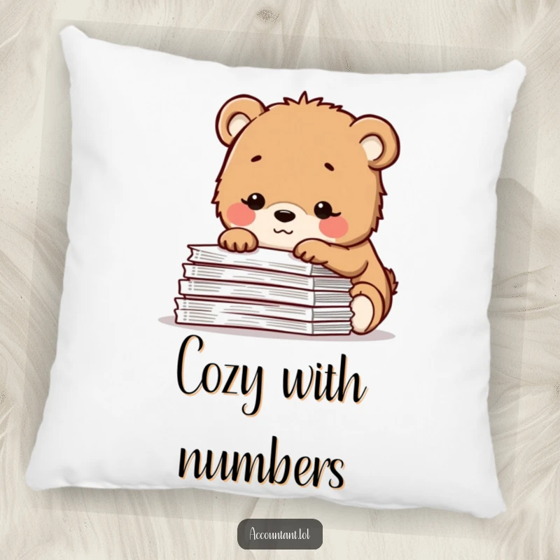 Funny pillow with a contented bear cub smiling over a pile of spreadsheets, offering soft comfort and a humorous, peaceful decorative accent.