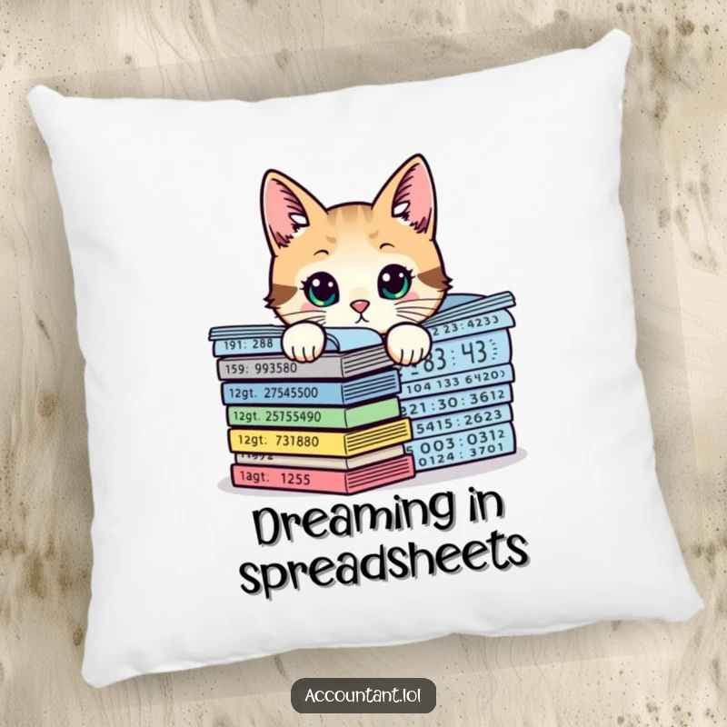 Funny curious cat investigating numerical charts, a soft and humorous decorative pillow for sofas and beds.