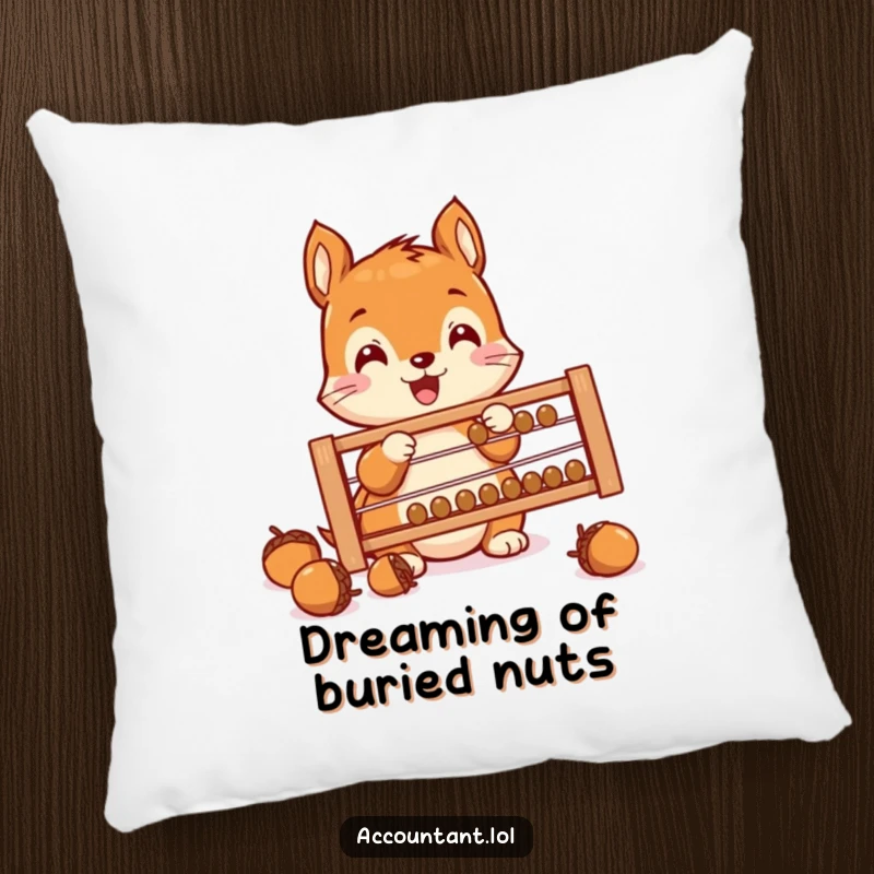 Funny Squirrel Saver Pillow, an excited squirrel, counting acorns with an abacus, soft and humorous, great for cozy rooms.
