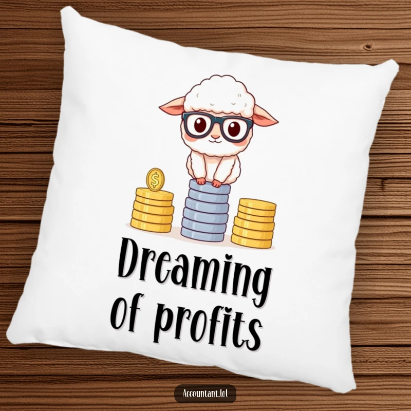Funny Sheep Accountant Pillow, a fluffy sheep wearing glasses, balancing coin symbols, soft and humorous home decor, great funny gift.