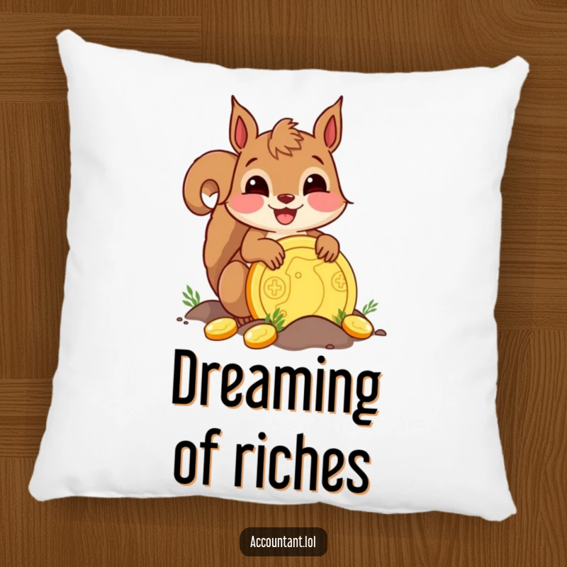 Funny delighted squirrel burying a golden coin, a soft and humorous decorative pillow for cozy spaces.