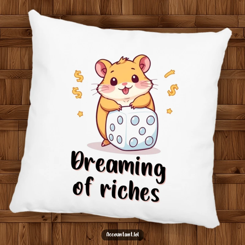 Funny pillow accentuating a chubby hamster in the act of rolling a giant dice emblazoned with dollar signs, a quirky comfort item.