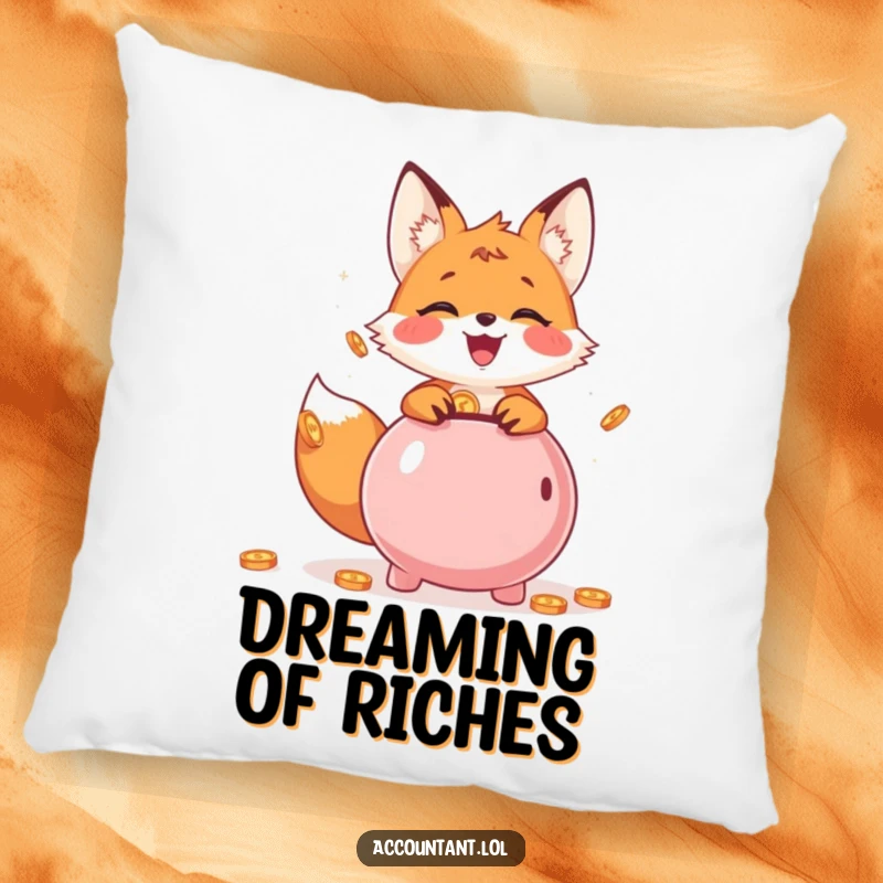 Funny Pillow with a cheerful fox cub adding coins to a piggy bank, adding comfort and humor.