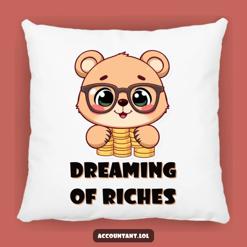 Funny Bear Cub Stacking Coins Pillow: Cozy Financial Humor Decor