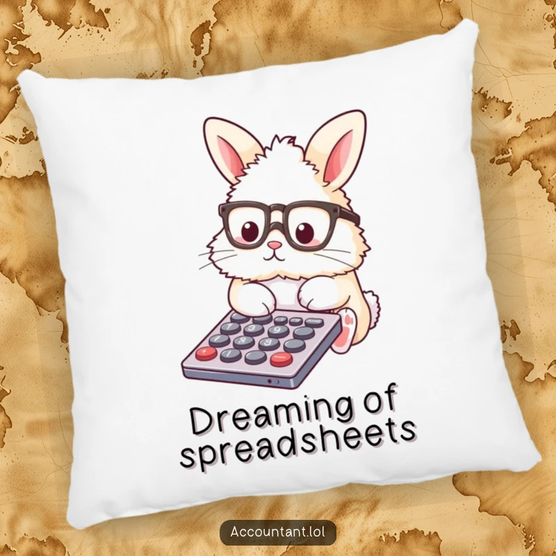 Funny Pillow with a fluffy bunny wearing glasses, focused on a calculator, adding humor to relaxation.