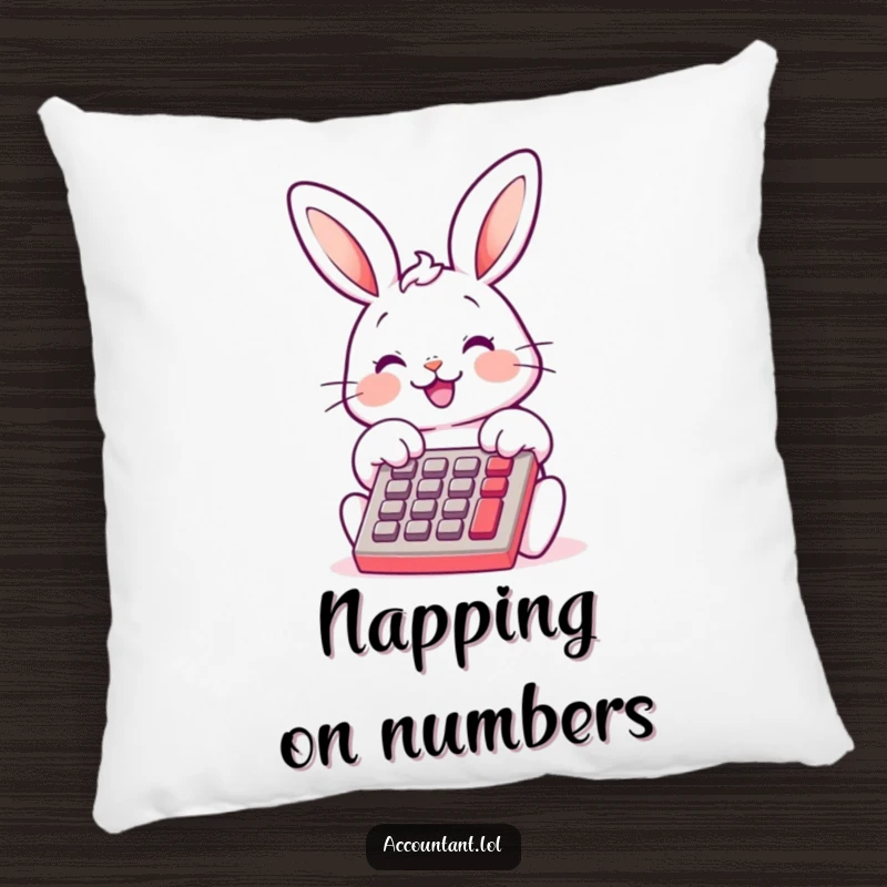 Funny Bunny Bookkeeper Pillow, a cheerful bunny, smiling, using a calculator, soft and humorous, great for cozy rooms.