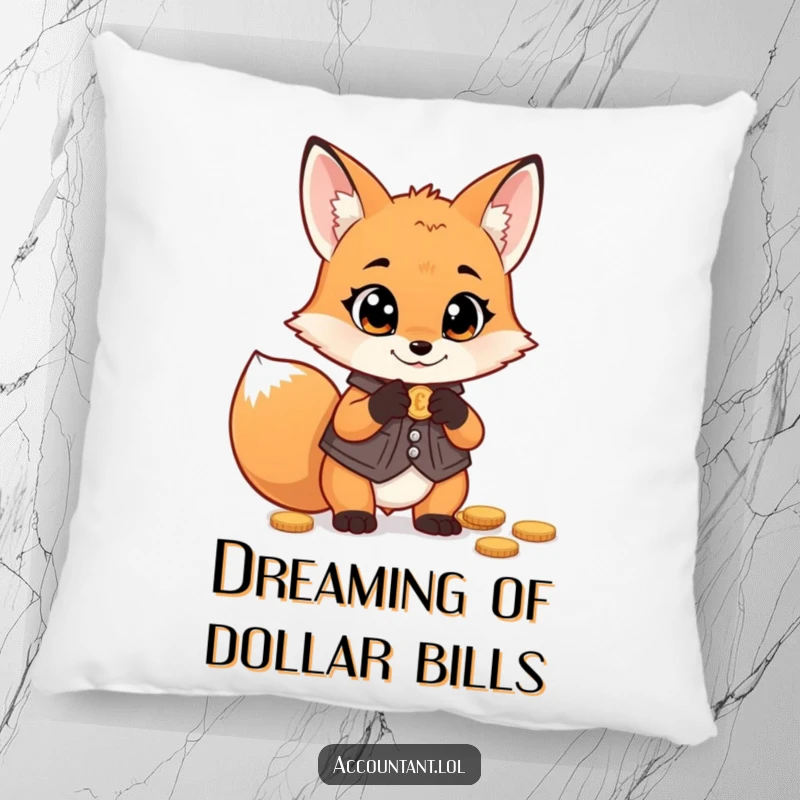Funny fox money pillow, a mischievous fox in a vest, counting coins with wide eyes, for cozy and humorous decor.