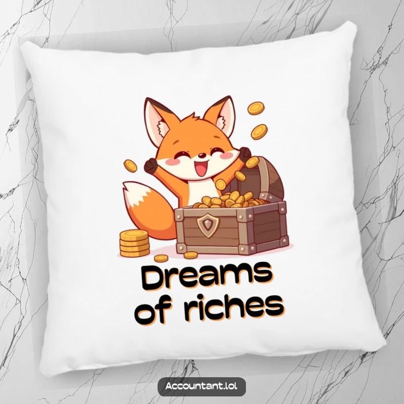 Funny fox treasure pillow, a soft cushion showing an energetic fox joyfully tossing coins into a treasure chest with a happy expression.