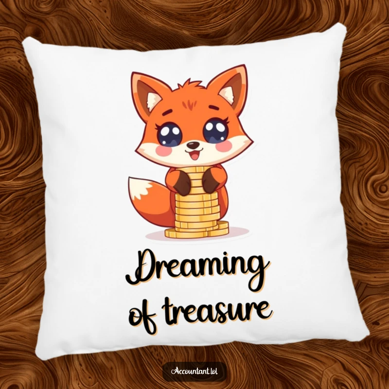 Funny giddy red fox stacking oversized coin stacks with wide, excited eyes, on a soft decorative pillow.