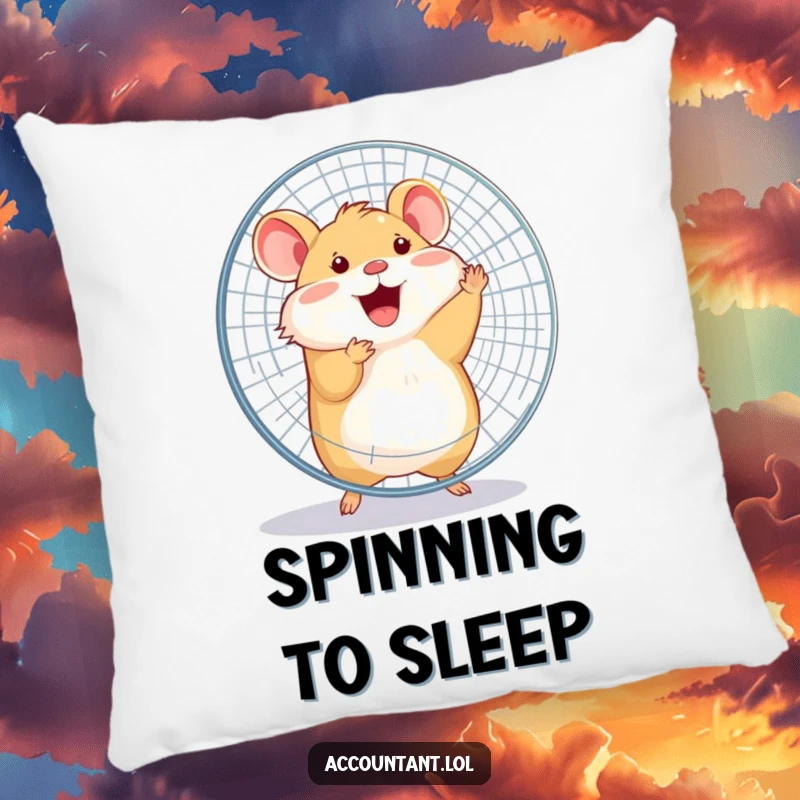 Funny happy hamster joyfully spinning a large office fan with its entire body on a soft, decorative pillow.