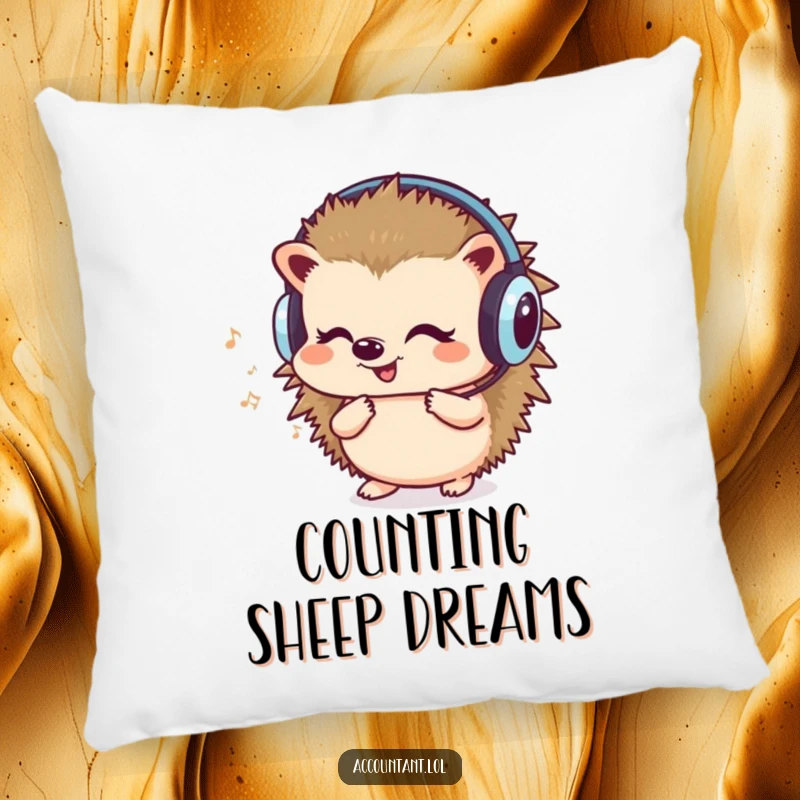Funny pillow featuring a cute hedgehog wearing headphones, humming and counting, offering humorous and musical comfort.
