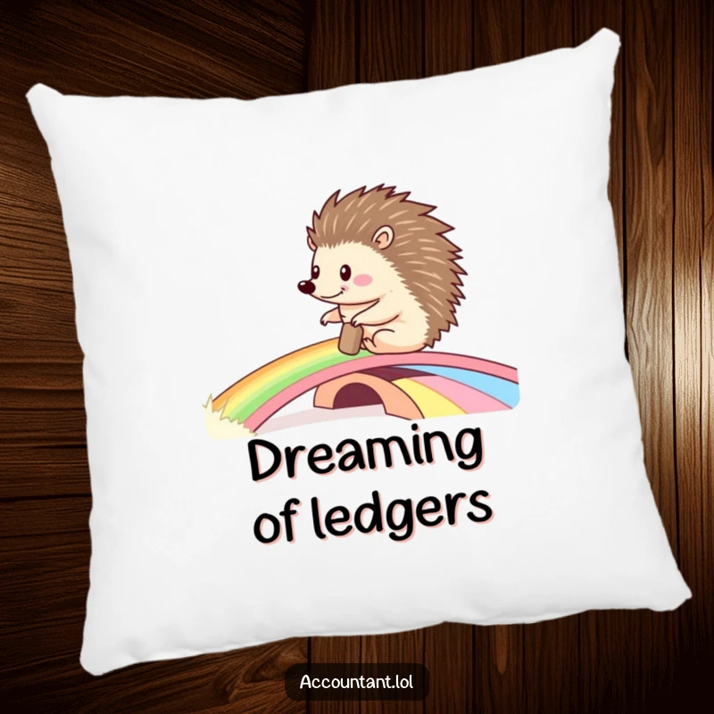 Funny pillow showcasing a happy hedgehog rolling a large ledger across a colorful rainbow bridge, offering soft comfort and whimsical charm.