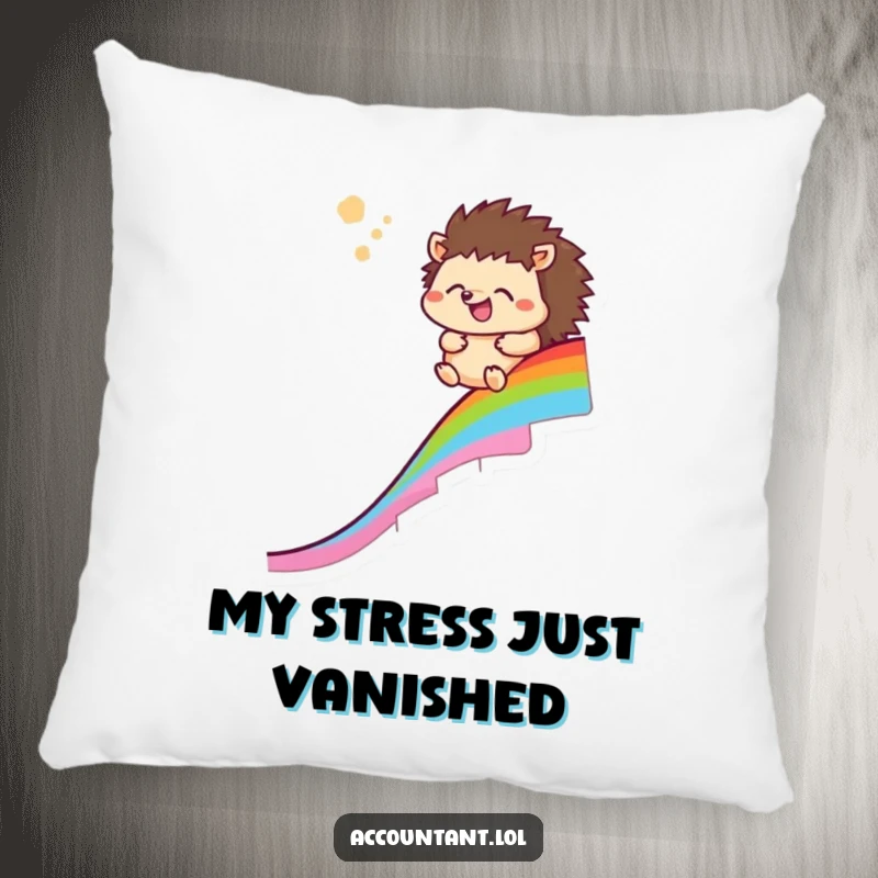Funny hedgehog pillow featuring a happy hedgehog sliding down a rainbow chart, providing comfort and a humorous touch.