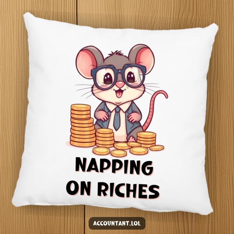 Funny mouse accountant with big glasses, sorting coins, a soft, amusing cushion for comfort and humor.