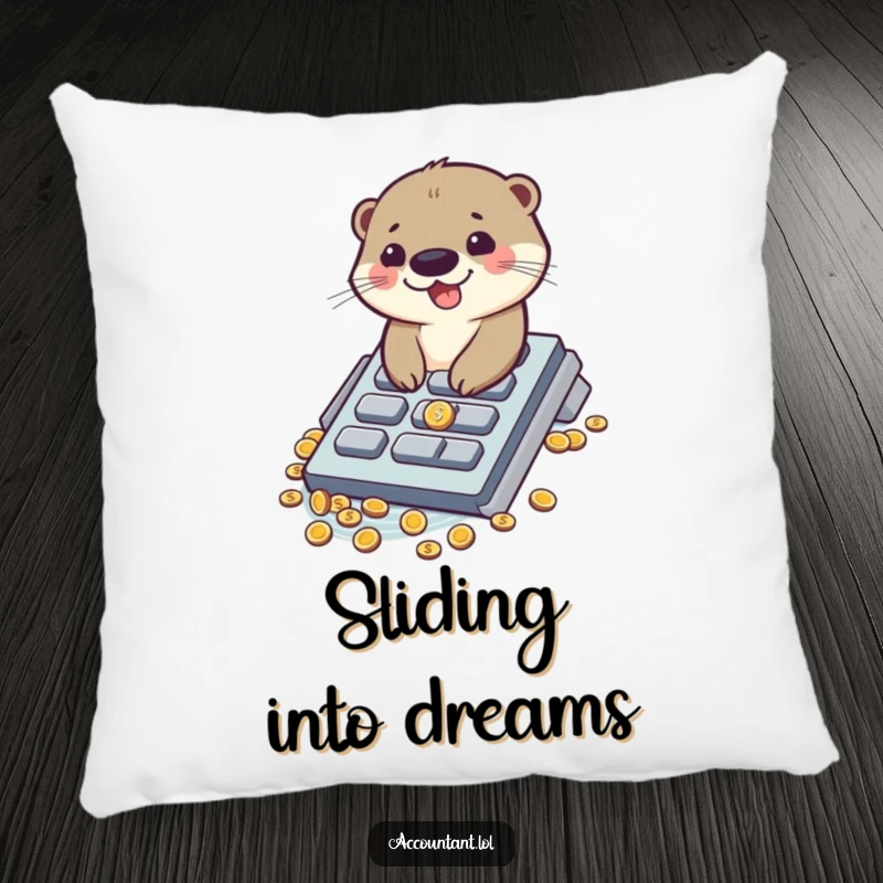 Funny pillow featuring a happy otter sliding down a calculator button into a pile of coins, adding whimsy.