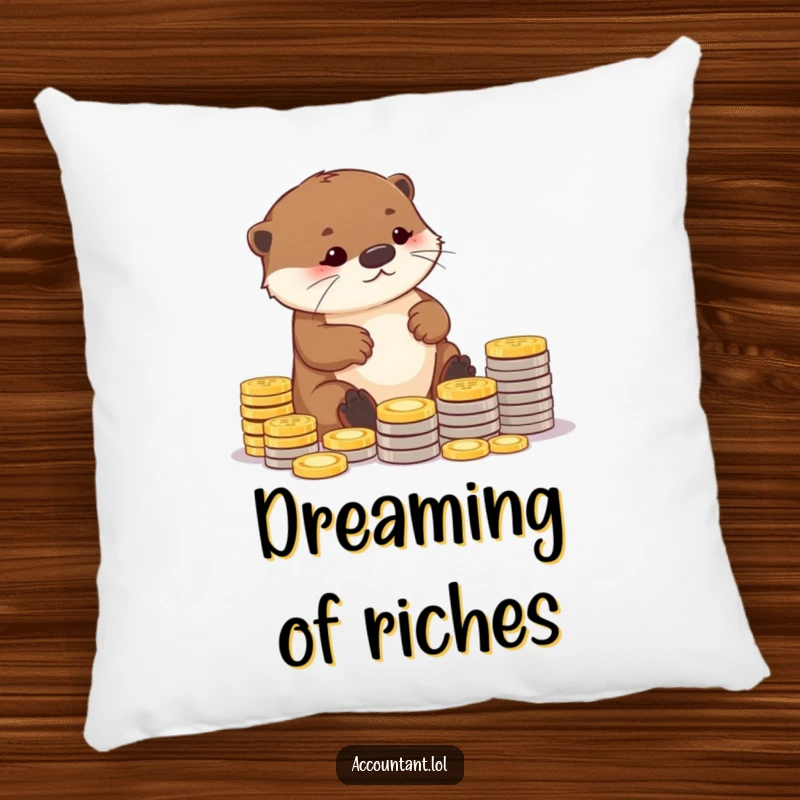 Funny pillow with a diligent otter carefully arranging coins into neat piles, offering soft comfort and a humorous, organized decorative accent.