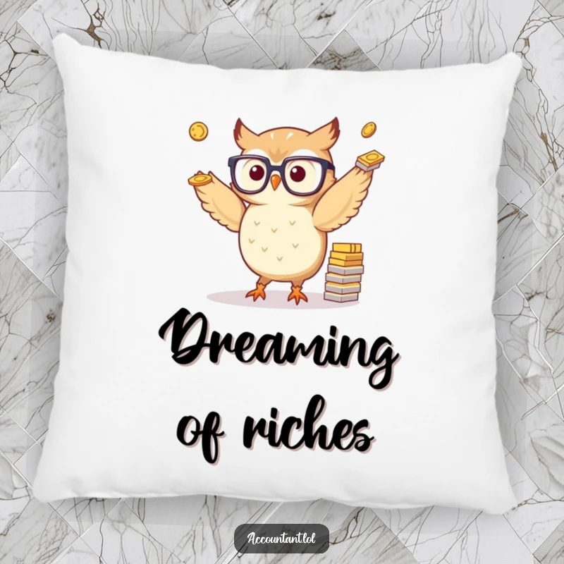 Funny pillow showcasing a small, spectacled owl skillfully juggling paper coins, offering soft comfort and a dose of financial humor.