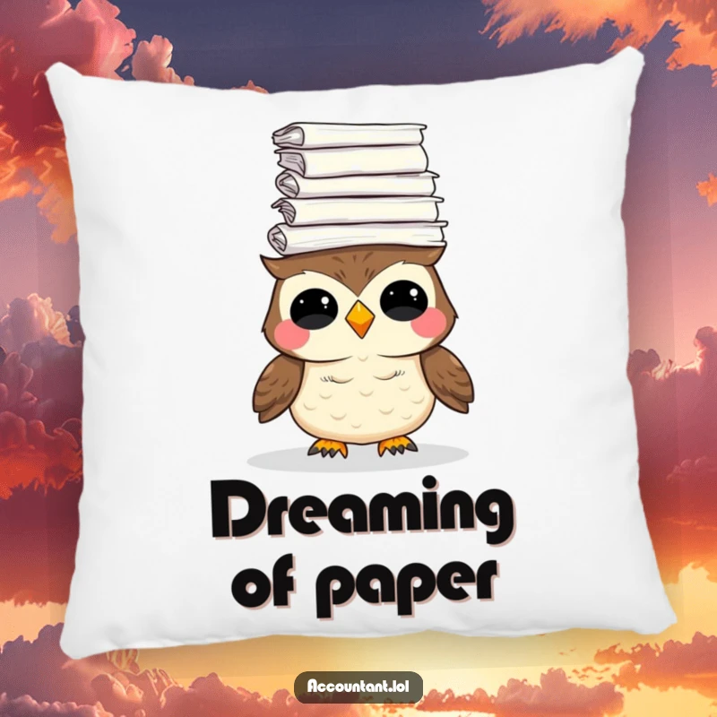 Funny pillow with a giggling owl balancing a towering stack of paper, a humorous and cozy accent for relaxation spaces.