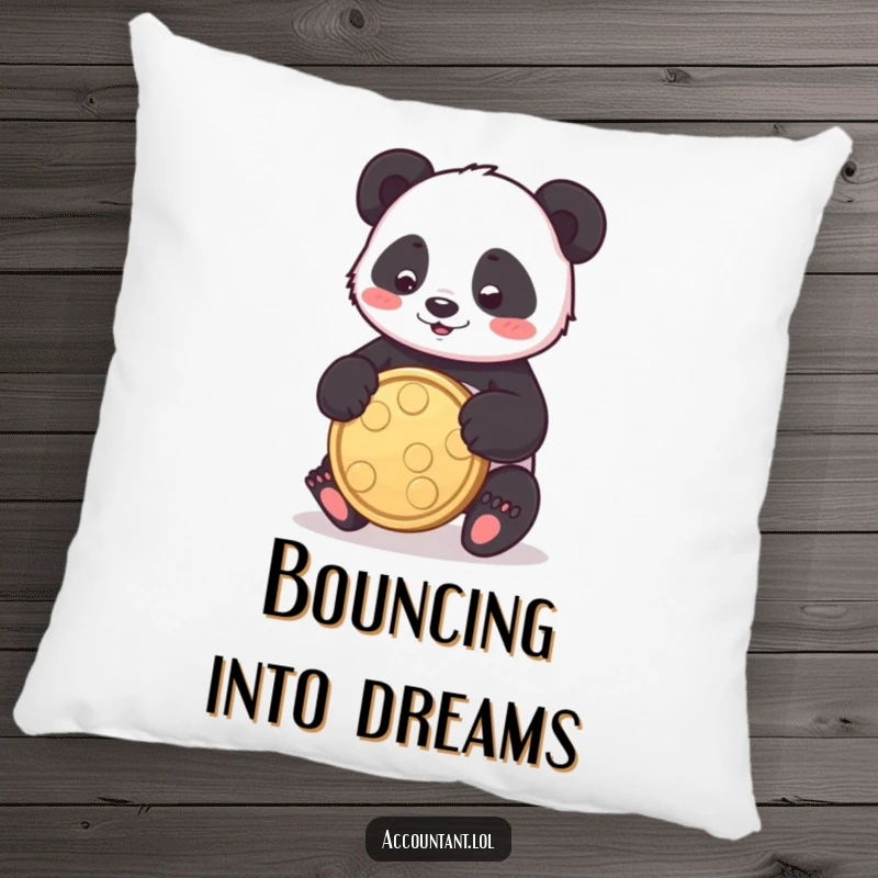 Funny panda pillow featuring a playful panda bouncing a coin, perfect for adding comfort and a playful touch.