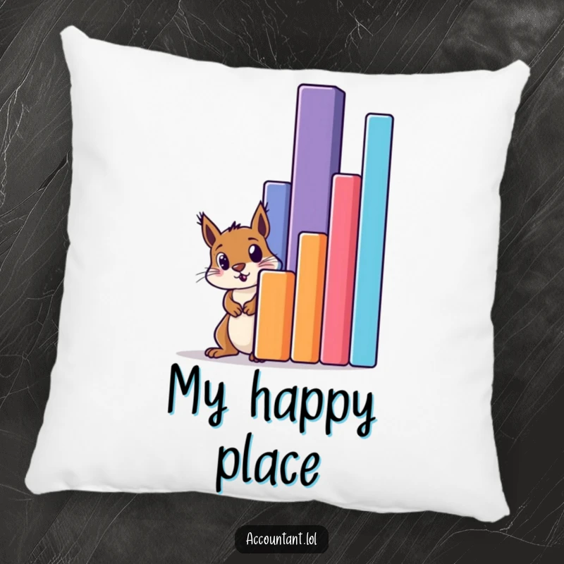 Funny squirrel peeking in amazement behind a colossal bar graph on a soft, decorative pillow for ultimate comfort.