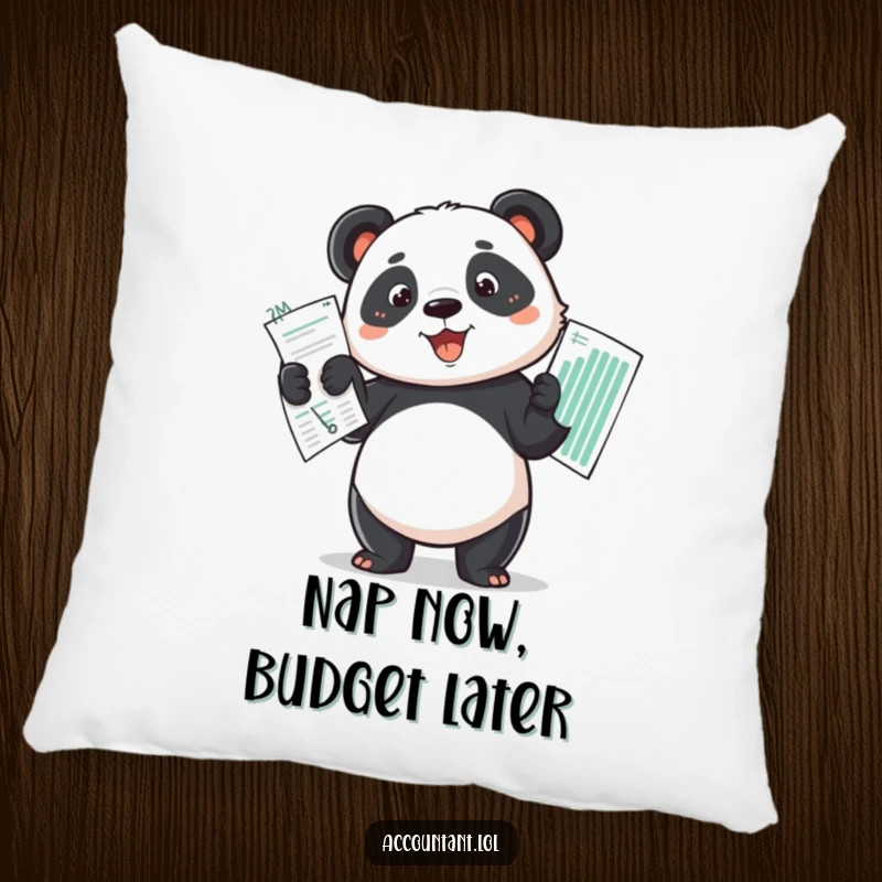 Funny determined panda proudly holding up a perfectly balanced budget spread on a soft, decorative pillow.