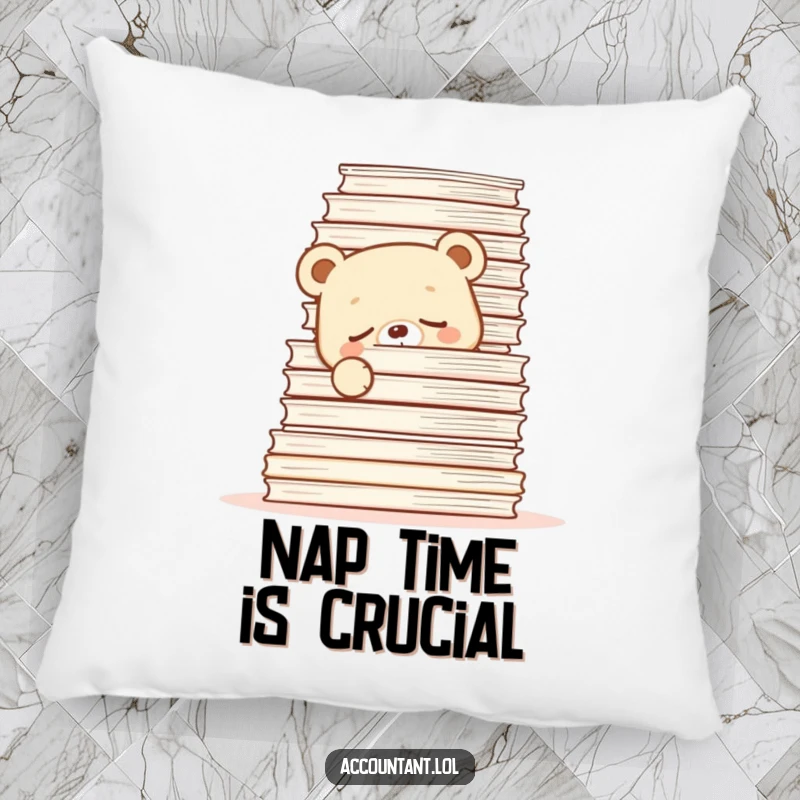 Funny Pillow featuring a sleepy bear cub peeking out from behind papers, offering comfort and humor.