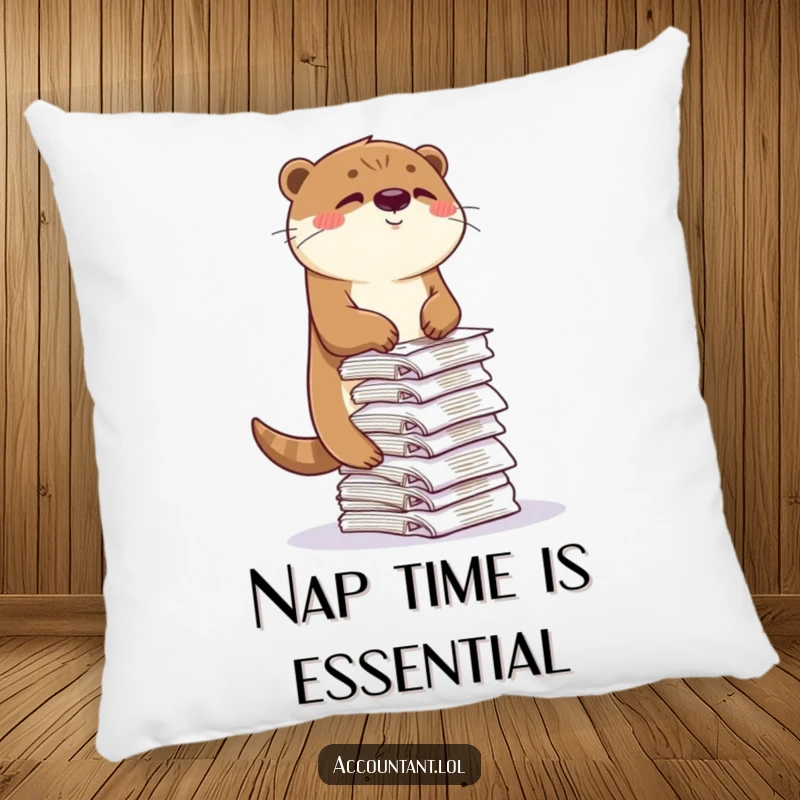 Funny otter pillow, a cute otter winking while balancing a giant pile of receipts, soft and humorous cushion.