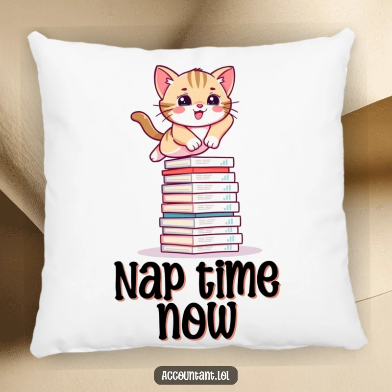 Funny pillow featuring a cute kitten mid-leap over a pile of financial reports, adding a touch of whimsy.