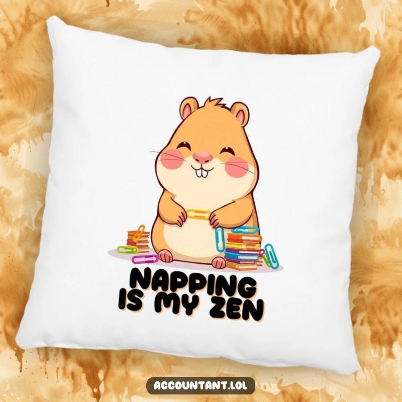 Funny Capybara Accountant Pillow: A serene capybara smiles while stacking colorful paper clips, adding comfort and humor.
