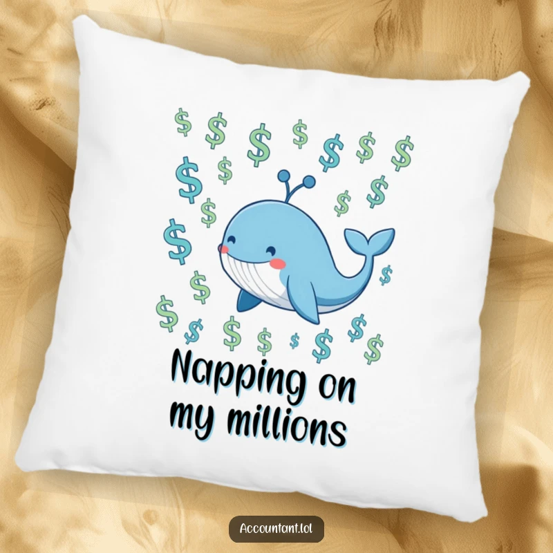 Funny smiling blue whale swimming through a sea of floating dollar signs, on a soft decorative pillow.