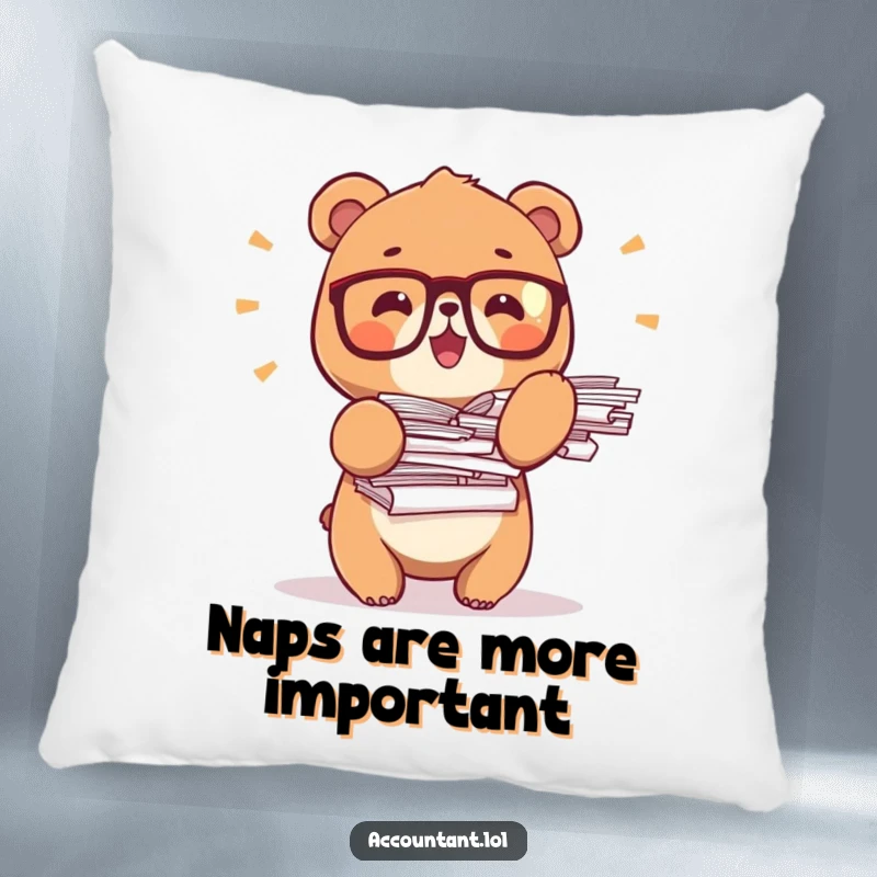 Funny bear office pillow, a tiny bear in glasses, balancing paper stacks, for cozy and humorous home decor.