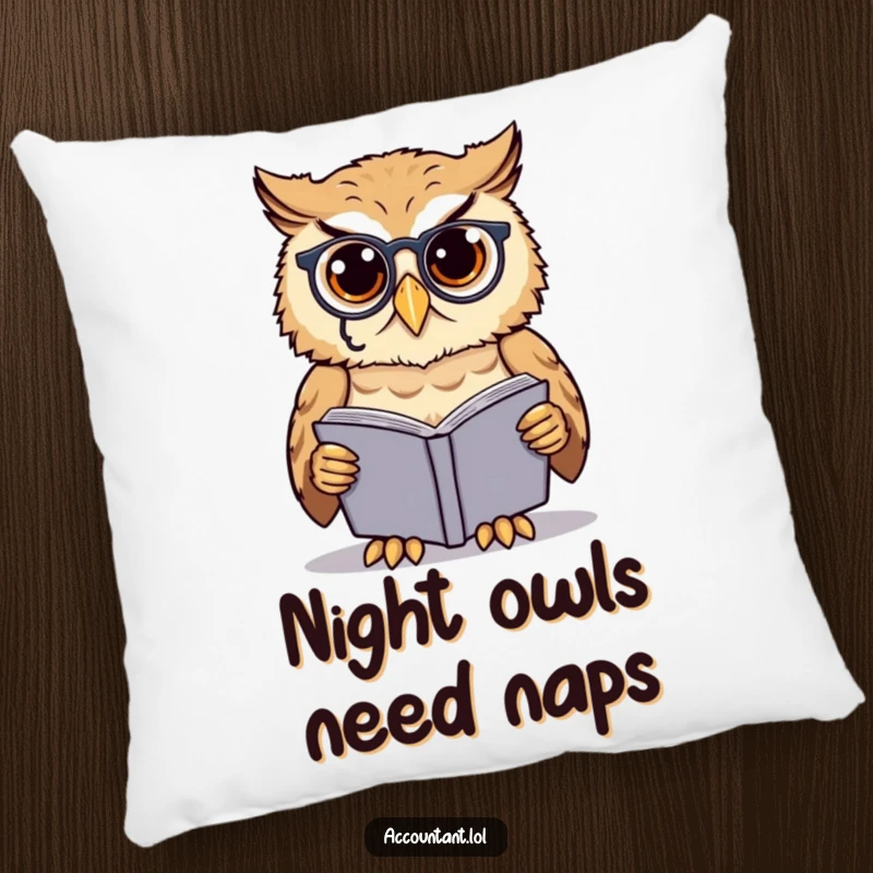 Funny owl scholar pillow, a cute owl in a monocle, examining a ledgerbook, for cozy and humorous decor.