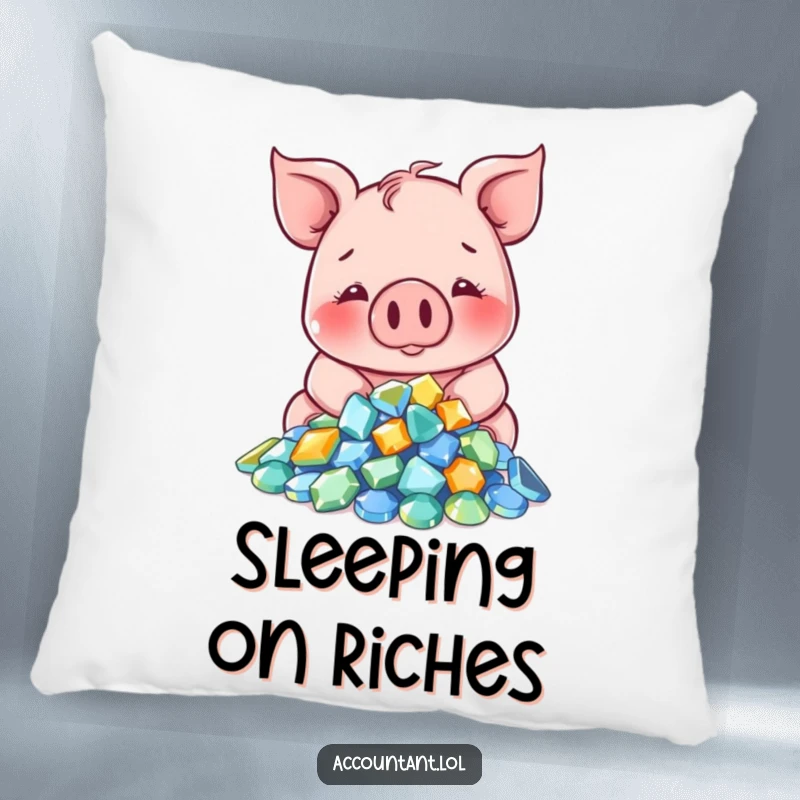Funny Pig Pillow: A smiling pig counts sparkling gems, offering a cute and humorous decorative accent.