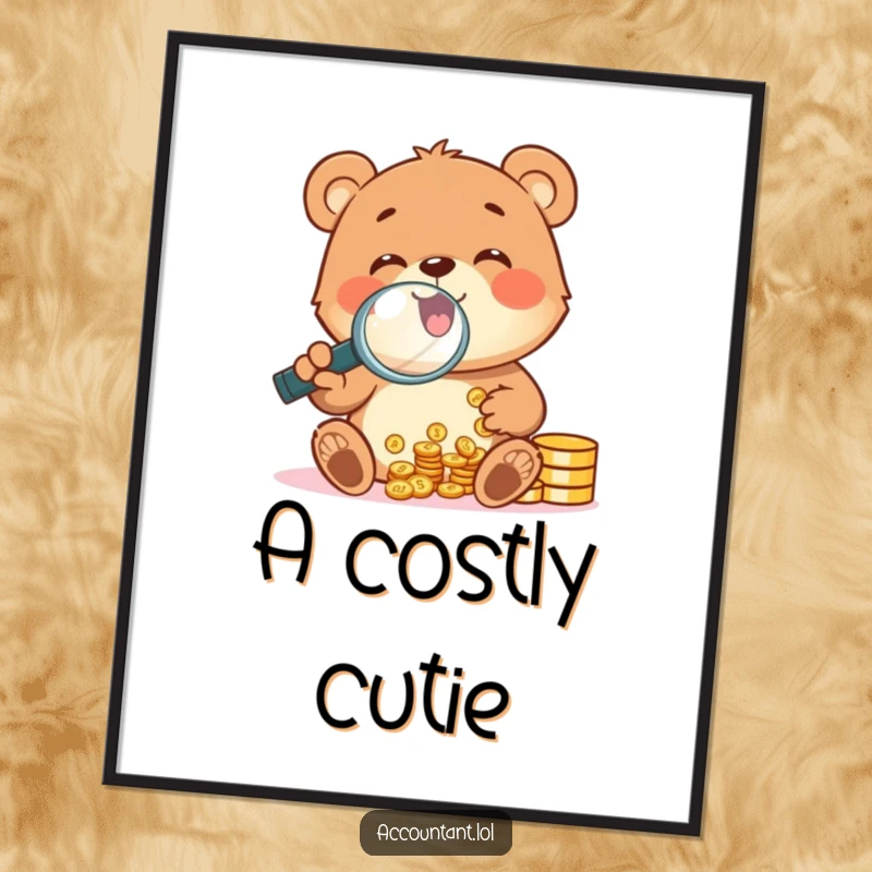 Funny cheerful bear cub gleefully counting coins with a magnifying glass, as downloadable funny digital art.