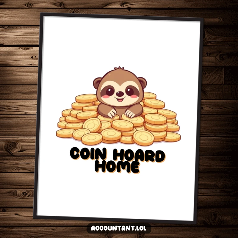Funny sloth digital art print depicting a joyful sloth partially hidden within a massive pile of gleaming coins.