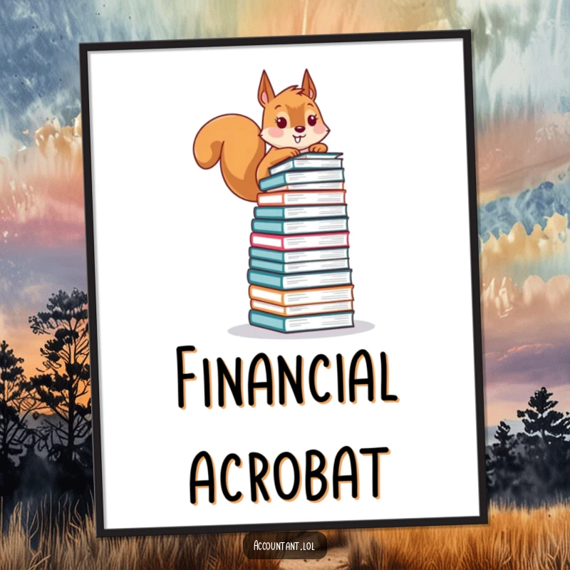 Funny digital art print of a playful squirrel precariously balancing a huge stack of financial ledgers, symbolizing financial chaos humorously.