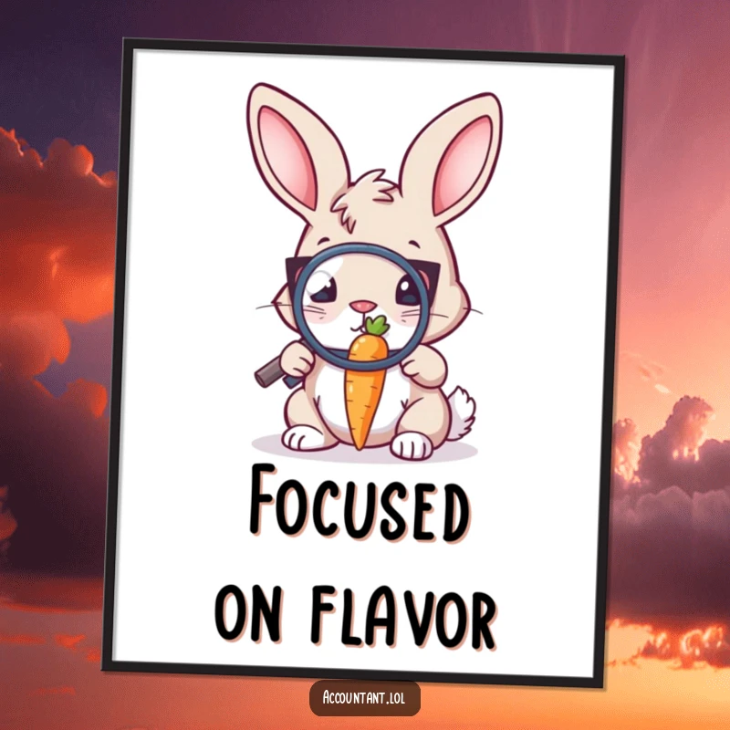 Funny Bunny Auditor Digital Art: A bunny auditor intently inspects a tiny carrot with a magnifying glass, ready for framing.