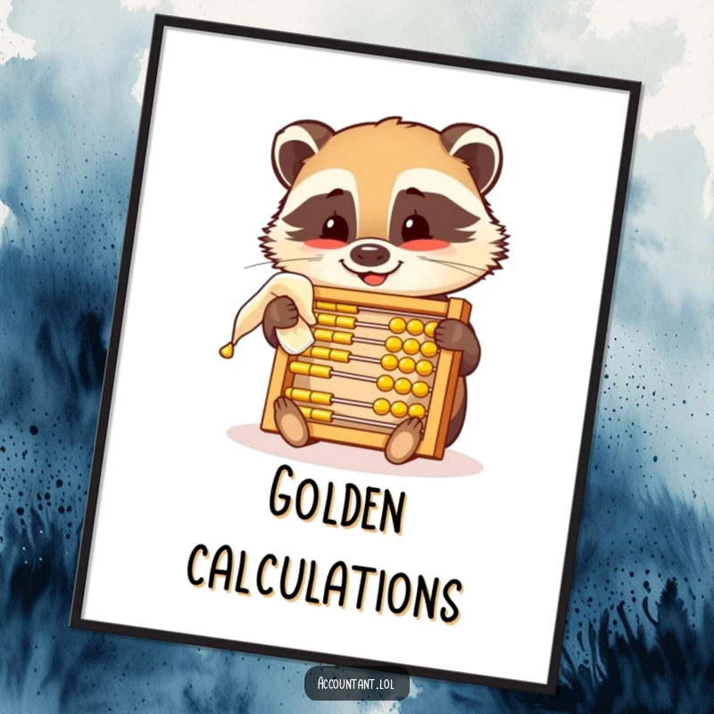 Funny digital art print of a smiling badger polishing a golden abacus, a humorous representation of mathematical precision for any digital display.