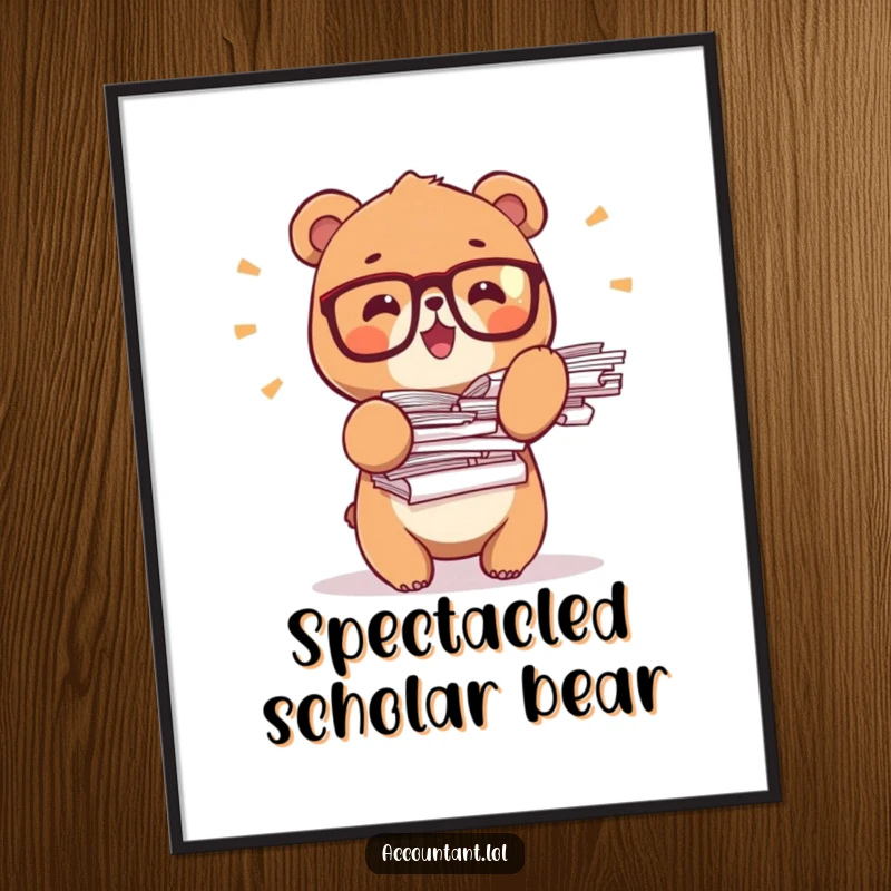 Funny bear office digital art print, a tiny bear wearing glasses, balancing stacks of paper, for instant wall decor.