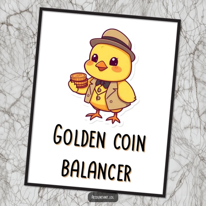 Funny cheerful yellow chick in a tiny suit balancing coins on its beak, available as an instant download art print.