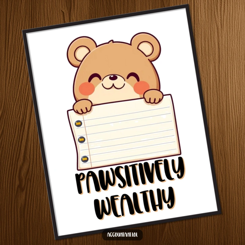 Funny chubby bear peeking over a massive ledger, looking surprised and pleased, digital art.