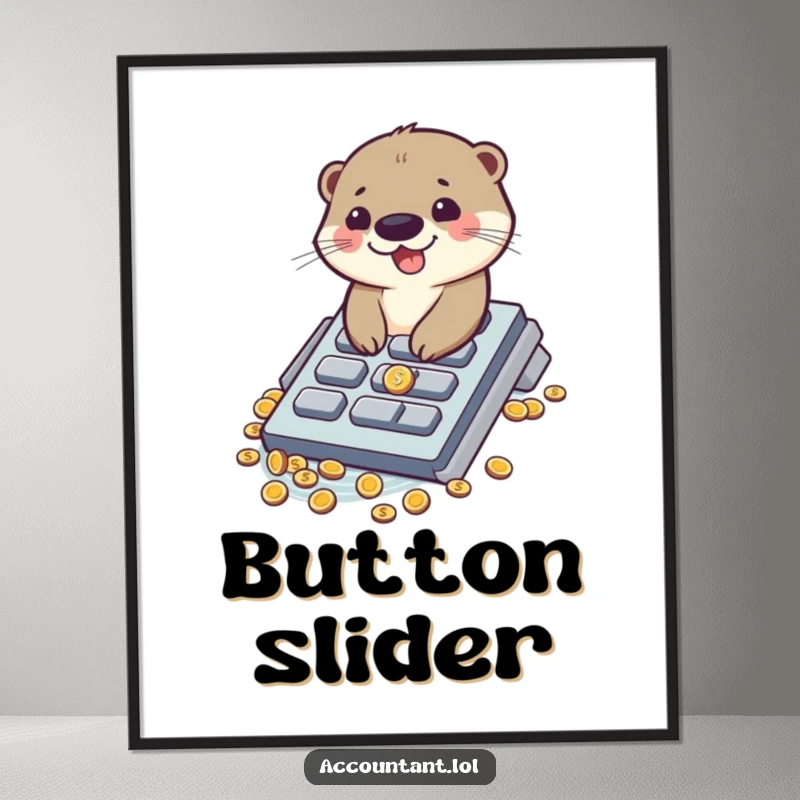 Funny otter digital art print of a giggling otter sliding down a calculator button into a pit brimming with coins.