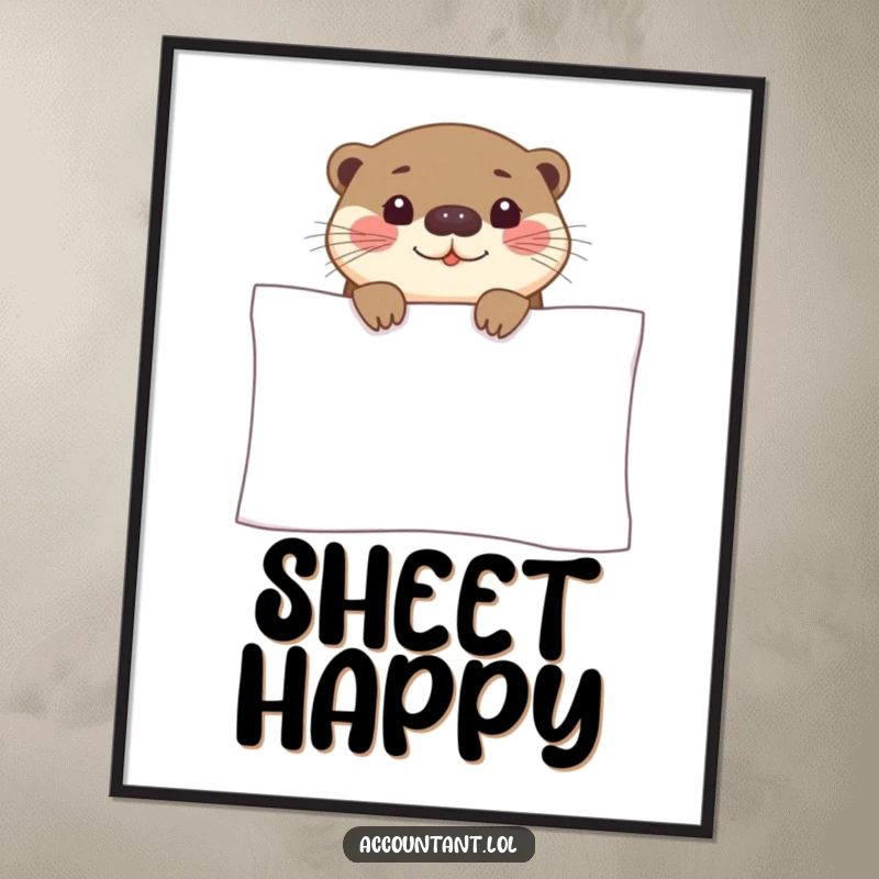 Funny otter digital art print of a curious otter smiling over a giant spreadsheet, symbolizing office fun.