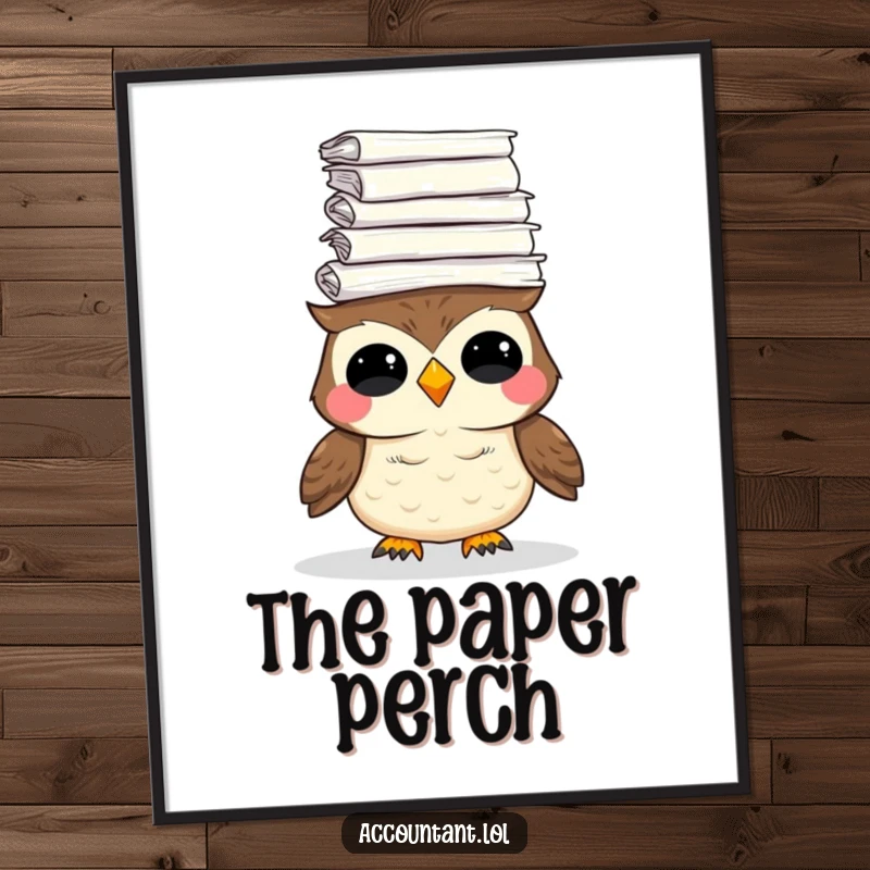 Funny digital art print of a giggling owl balancing a towering stack of paper, humorously depicting a sense of being busy and cheerful.