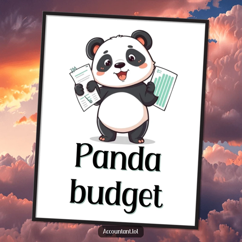 Funny determined panda proudly holding up a perfectly balanced budget spread as a digital art print.
