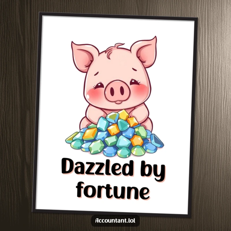 Funny Pig Digital Art Print: A smiling pig happily counts a large pile of sparkling gems, representing luxury and contentment.