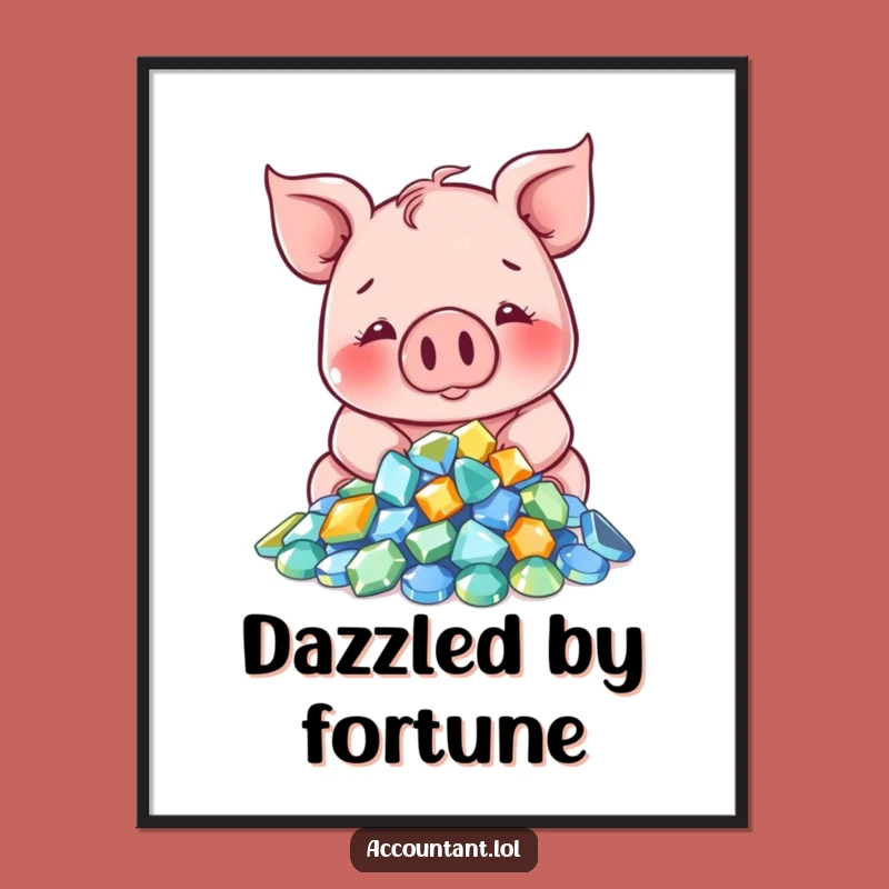 Funny Pig Gem Art Print: Contented Pig Counting Sparkles Decor