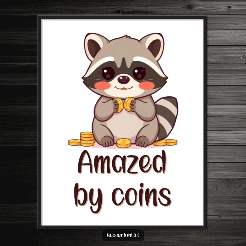 Funny raccoon digital art print of a blushing raccoon with paws raised in amazement over a pile of coins.